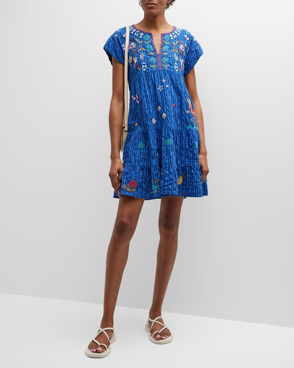 Johnny Was Tiered Lyonne Dress Blue Floral Bird Embroidered Short Size S